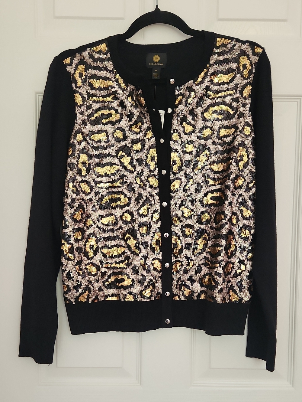 NWT City Chic Going Out Y2K Black Cardigan with Gold Sequin Leopard Design